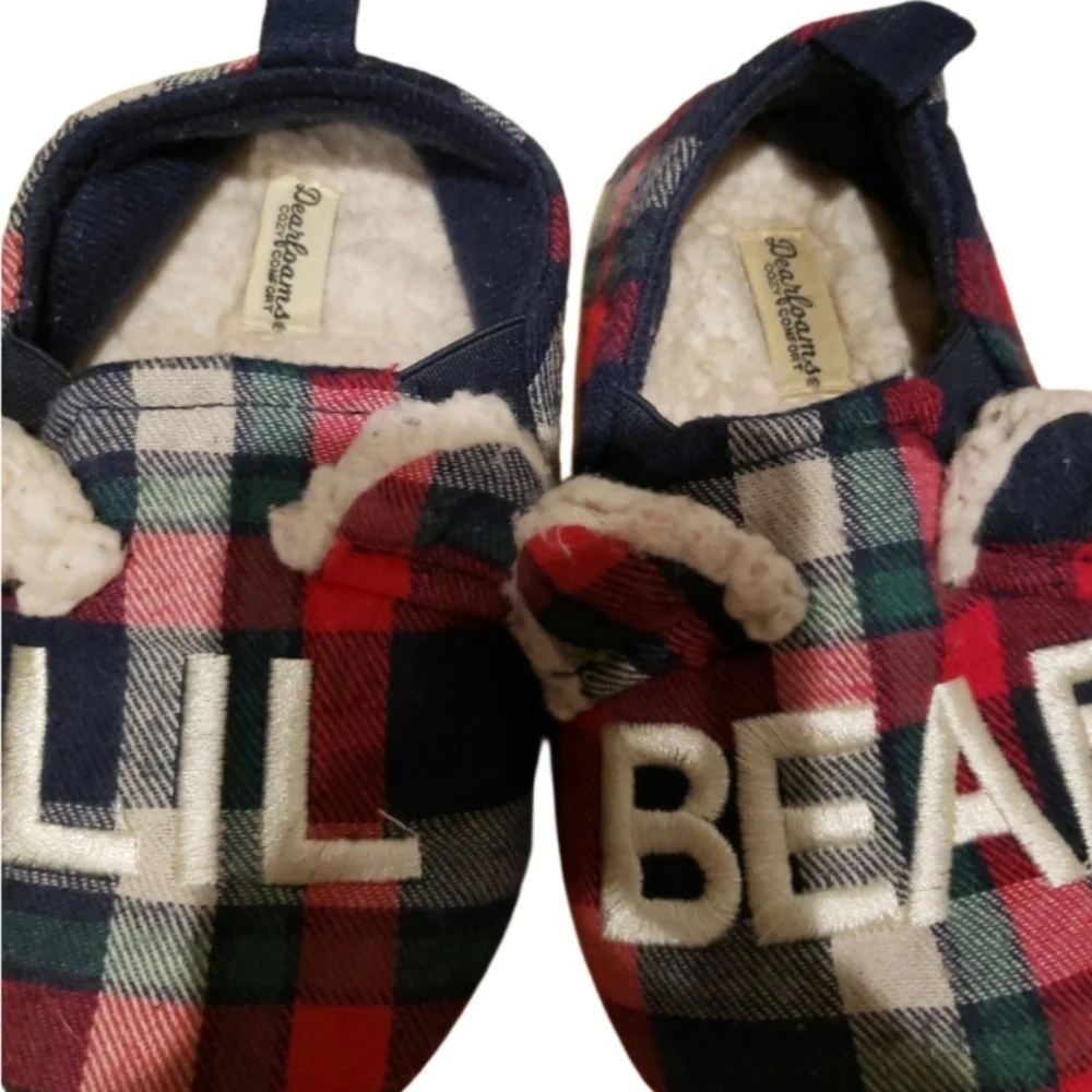 Dearfoams Lil Bear kid's plaid memory foam slippers
